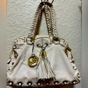 Michael Kors Leather Double Strap Satchel Shoulder Bag Beige with Gold hardware